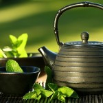 Black iron asian teapot with sprigs of mint for tea
