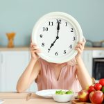 Woman,With,Clock,And,Food,Sitting,In,Kitchen.,Diet,Concept