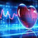 Neon heart on the background of a blurred screen with heart rate waves. Concept of medicine and health preservation. Generated by artificial intelligence