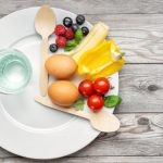 Interval fasting diet concept represented with a plate and products