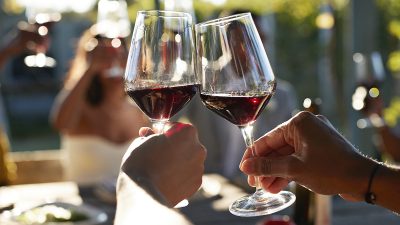 Friends toasting glasses with red wine in wedding